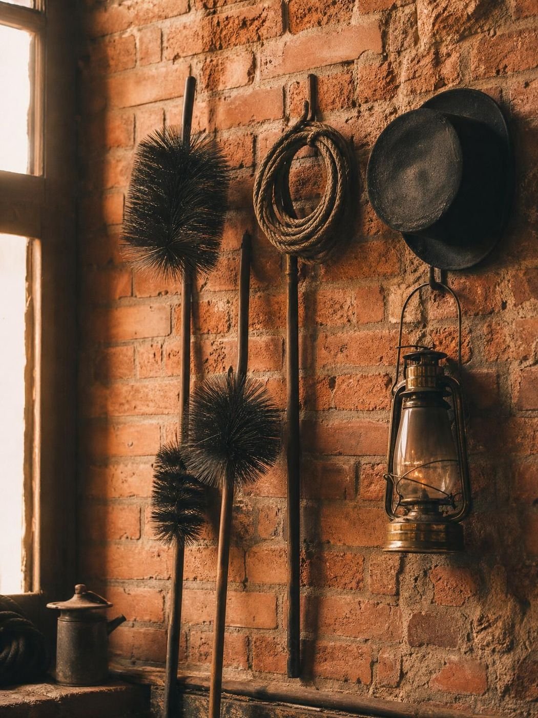 Antique chimney sweep tools against a brick wall