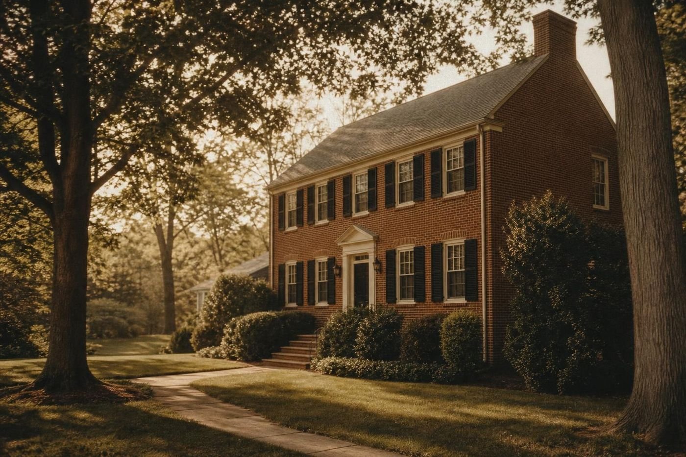 Red-brick colonial house with a brick end chimney