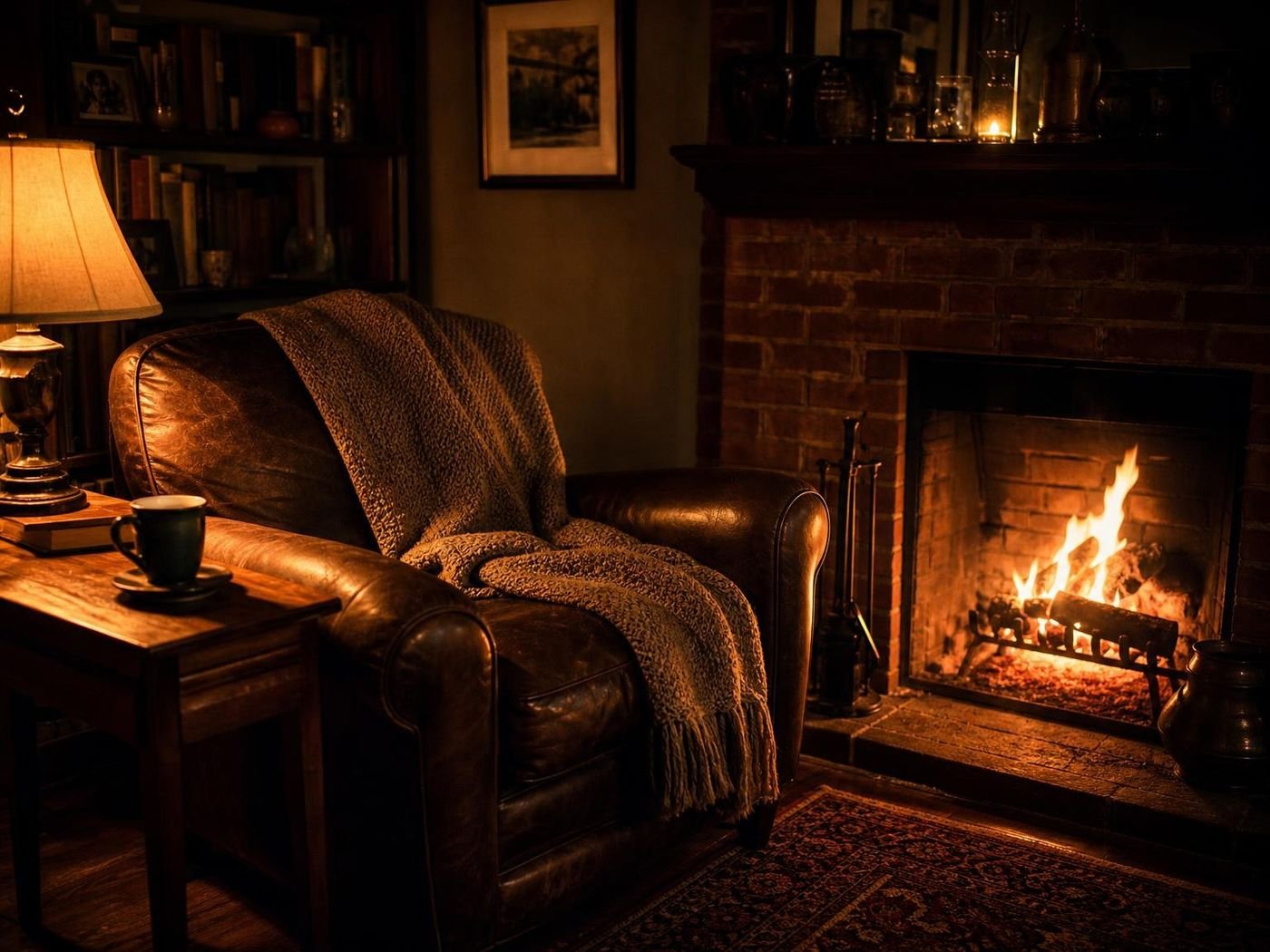 Armchair and blanket beside a glowing brick fireplace