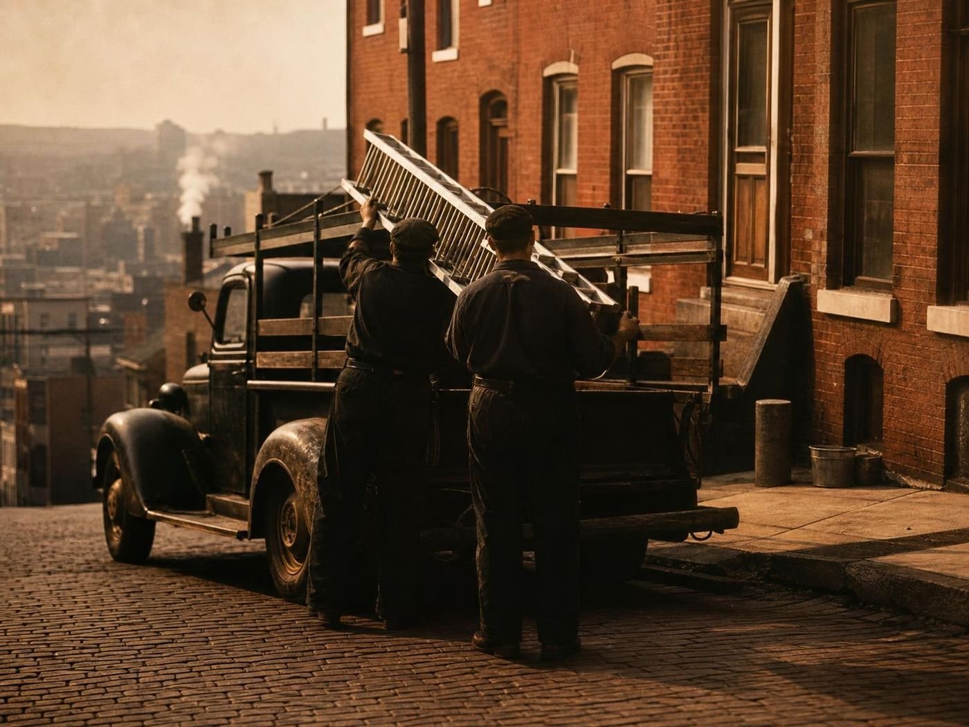 Two chimney sweeps loading a ladder onto a work truck on a brick street
