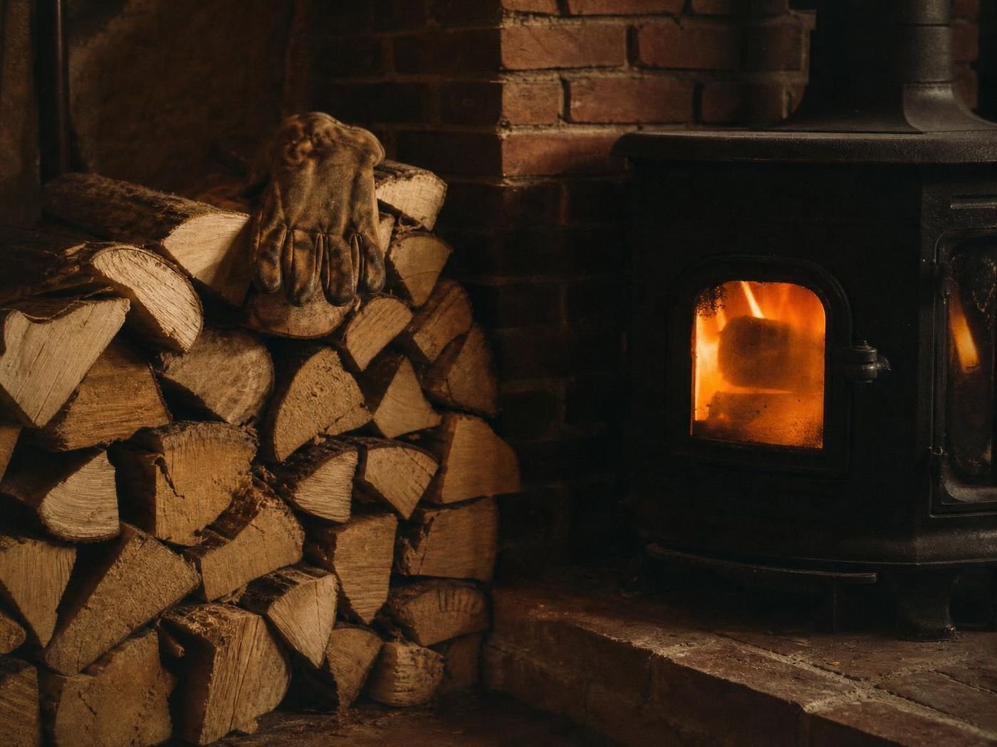 Stacked firewood beside a cast-iron wood stove