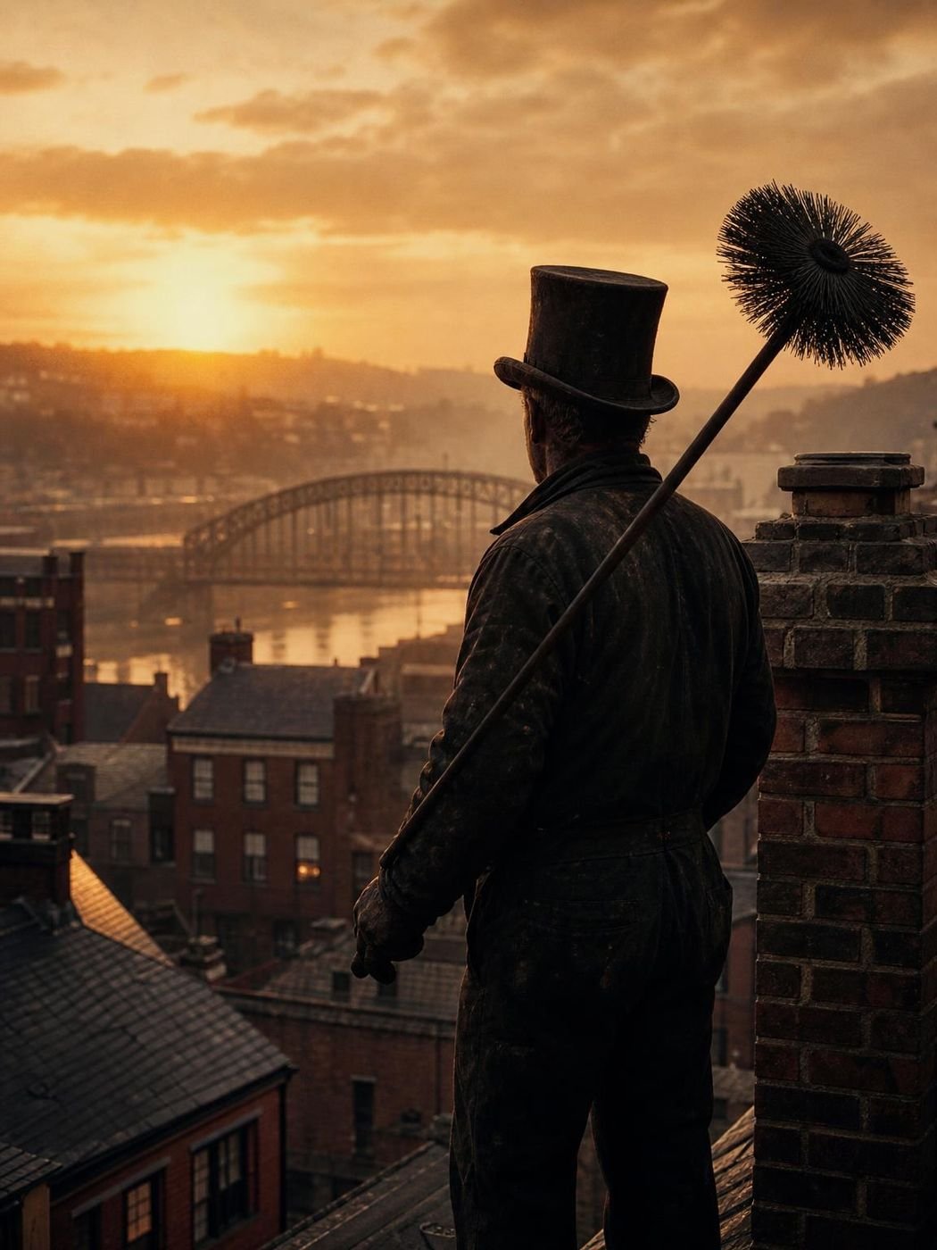 Chimney sweep in a top hat on a Pittsburgh rooftop at sunset
