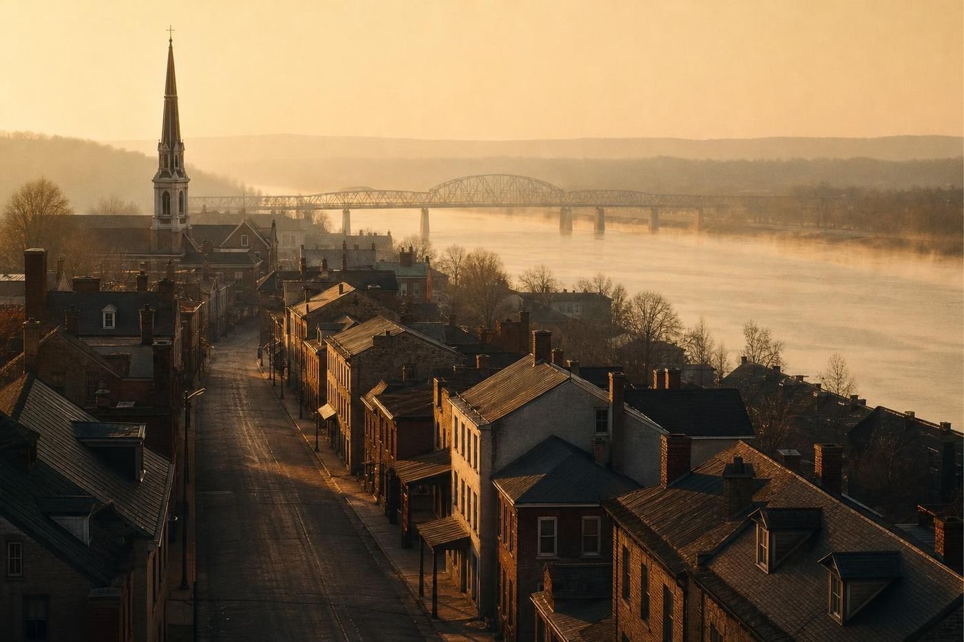 River town street of old brick houses with chimneys and a bridge beyond