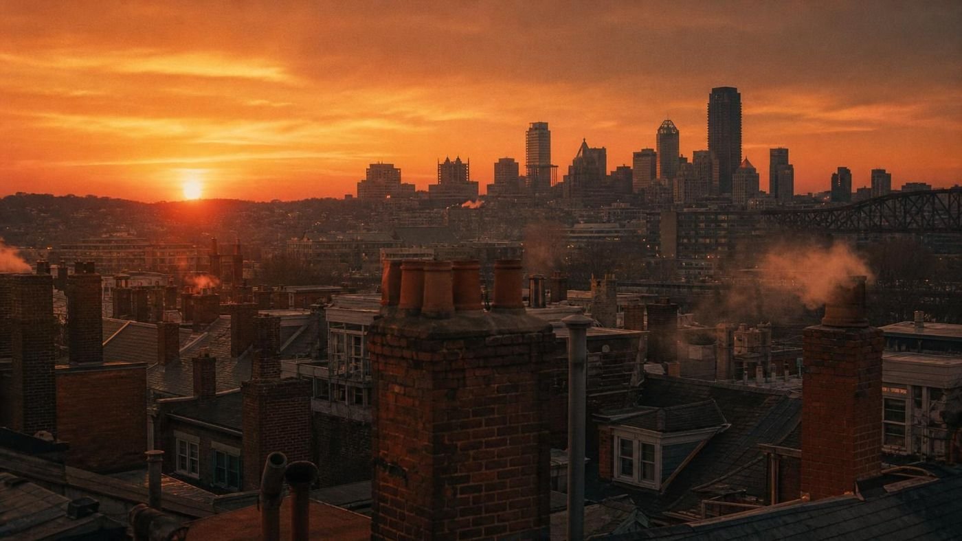 Brick chimneys on Pittsburgh rooftops at dusk