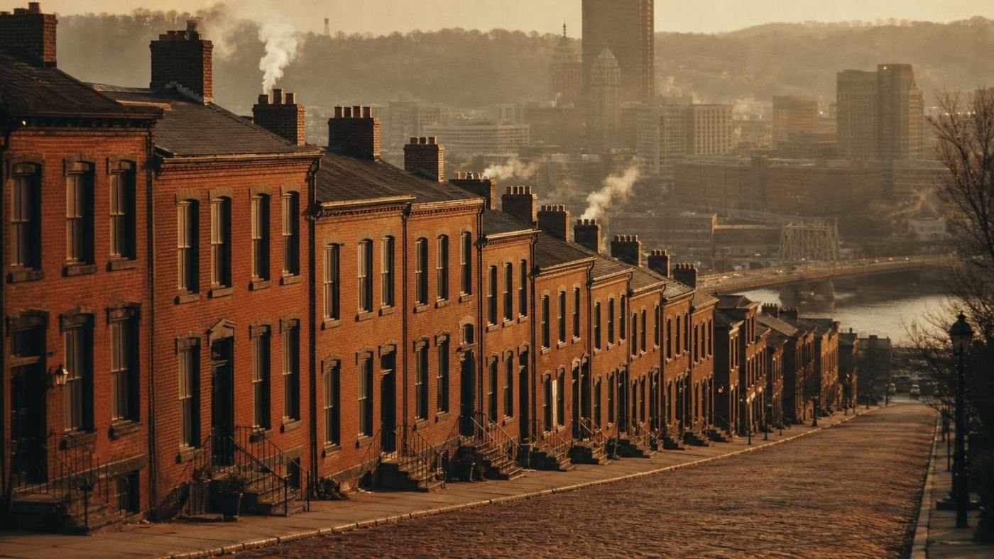 Pittsburgh rowhouses with brick chimneys on a hillside
