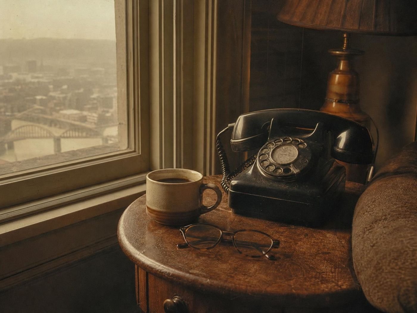 Old rotary telephone on a side table by a window