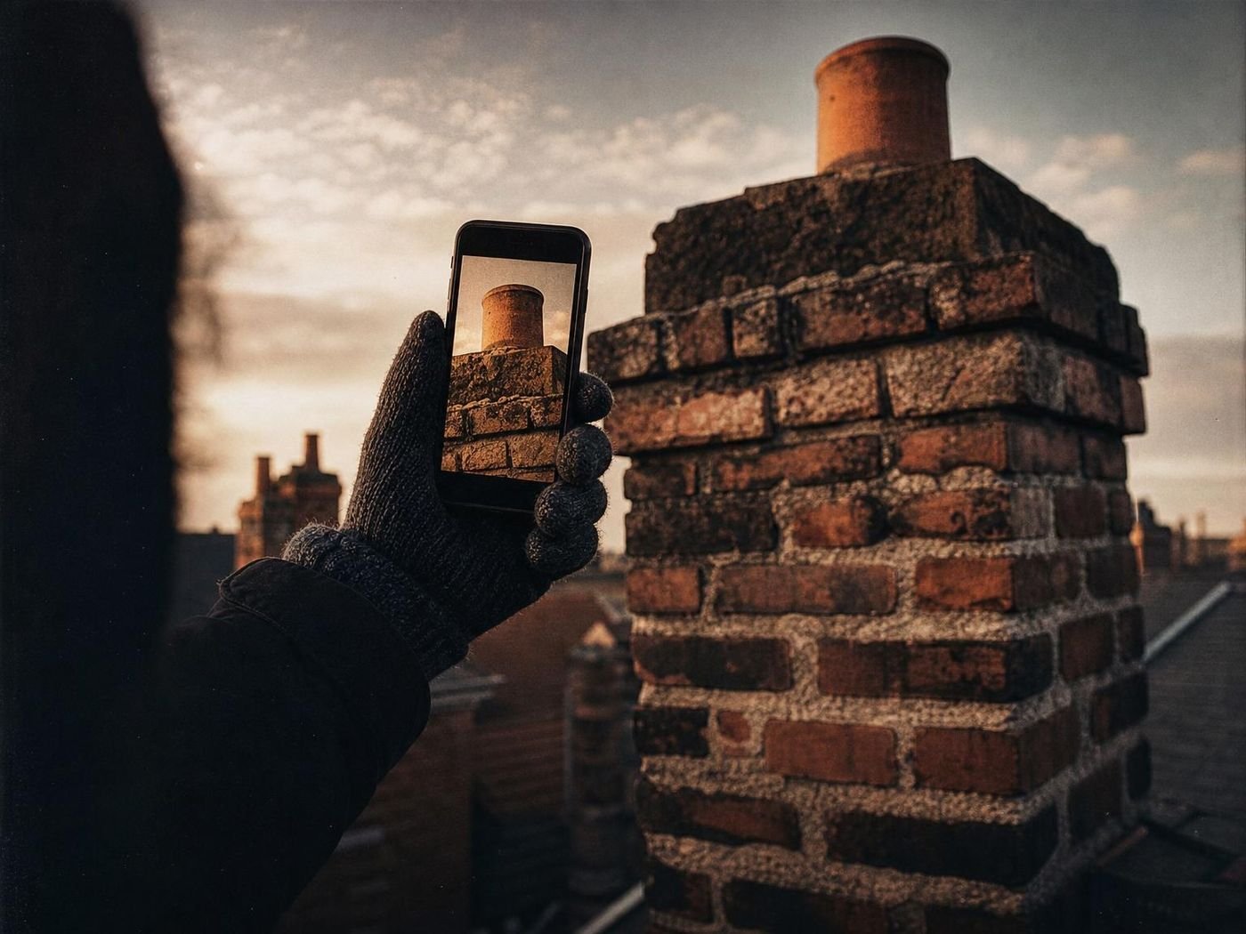 Gloved hand photographing a chimney crown with a phone