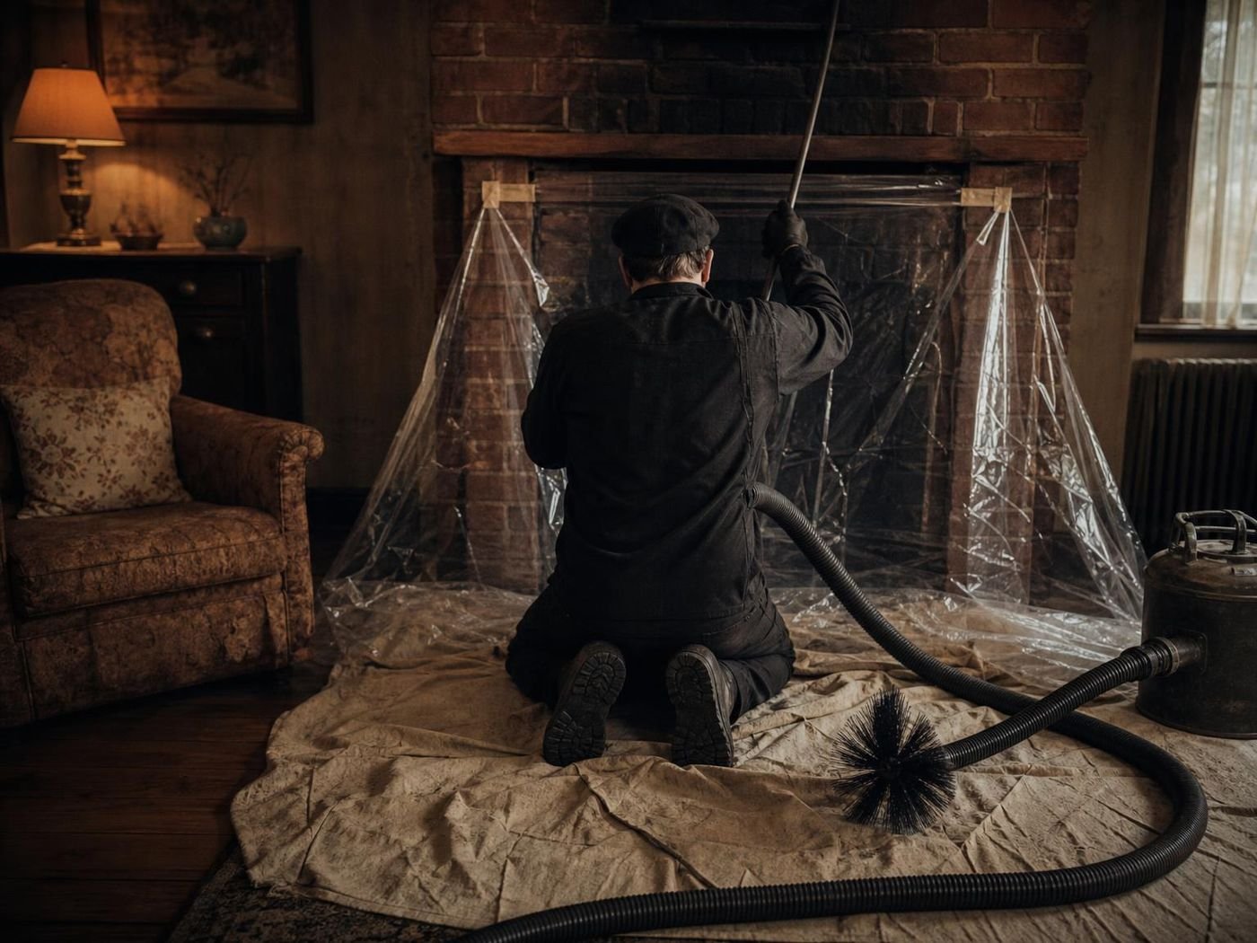 Chimney sweep at a fireplace sealed in plastic with a vacuum running