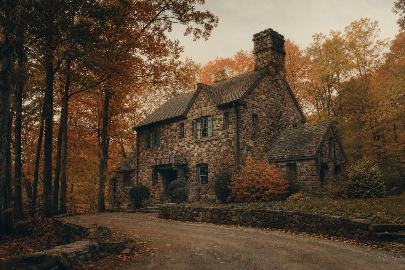 Fieldstone house with a large stone chimney among wooded hills