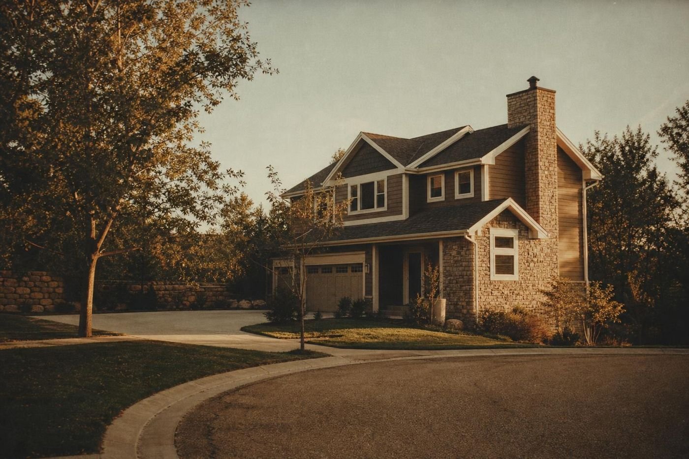 Two-story suburban home with a stone chimney on a quiet street