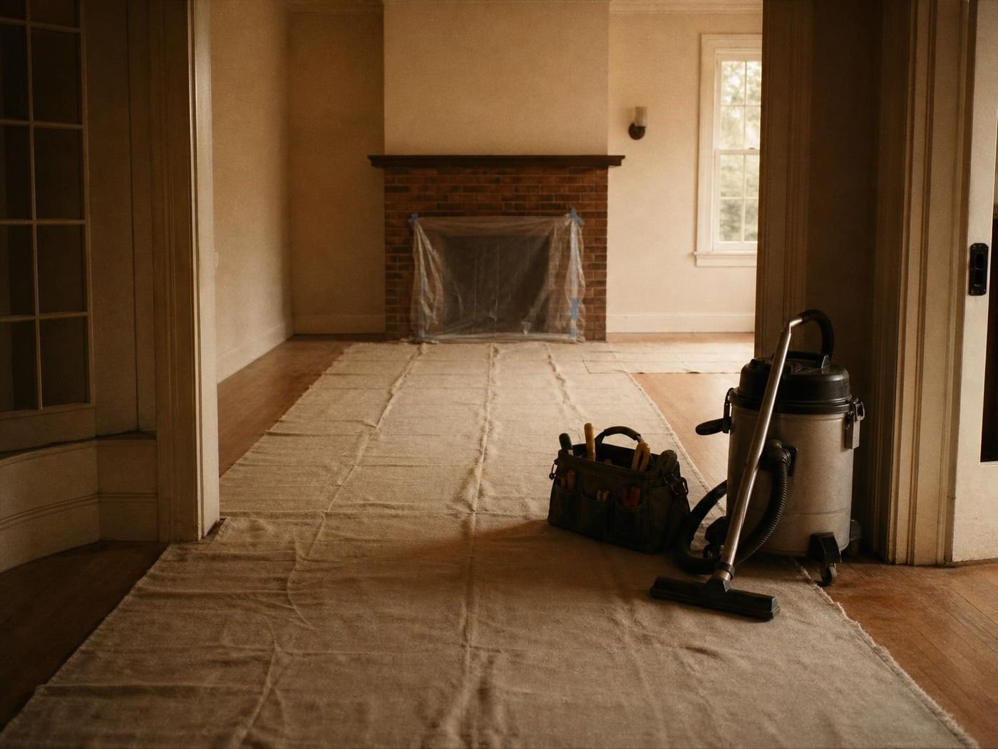 Drop cloths laid from the doorway to a brick fireplace