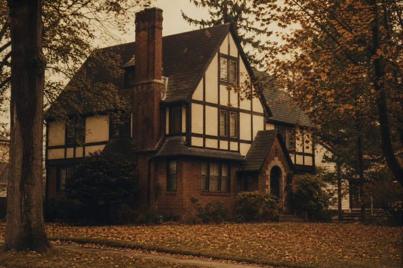 Tudor-style brick house with a tall chimney on a tree-lined street